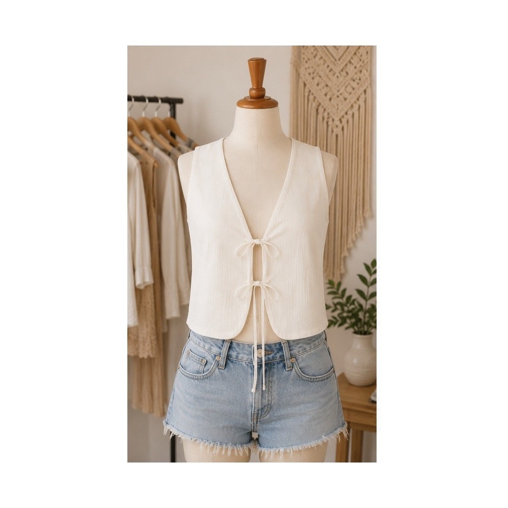 NWT LUSH Off-White Textured Festival Style Tie Front Top – Size Small